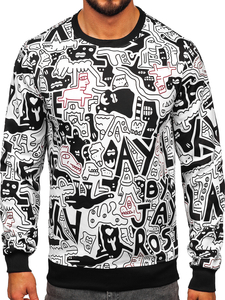 Μαύρη και λευκή ανδρική μπλούζα χωρίς κουκούλα με στάμπα Bolf 8B1133