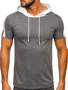 Γκρι ανδρικό t-shirt χωρίς τύπωμα με κουκούλα Bolf 8T299