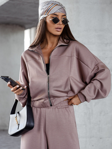 Γυναικεία αθλητική φόρμα 2 τεμαχίων με φερμουάρ και βουτυρένιο τελείωμα Cappuccino Bolf 821109