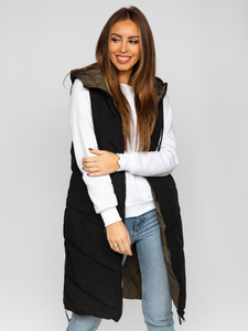 Μαύρο μακρύ καπιτονέ γυναικείο γιλέκο διπλής όψης Bolf B8022