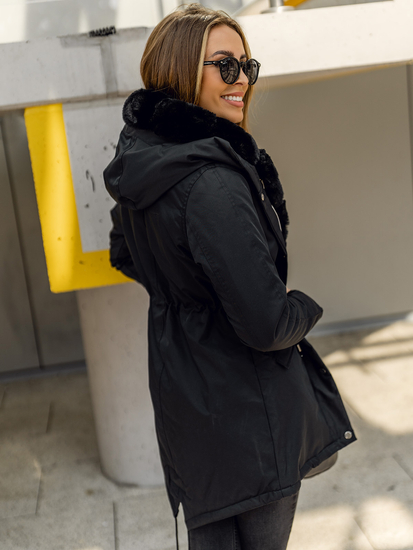 Μαύρο γυναικείο χειμωνιάτικο παρκά μπουφάν με κουκούλα Bolf 5M762