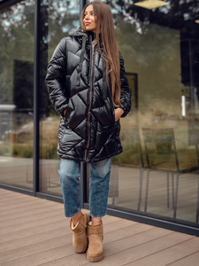 Μαύρο μακρύ καπιτονέ μπουφάν παλτό χειμωνιάτικο με κουκούλα για γυναίκες Bolf 5M3189