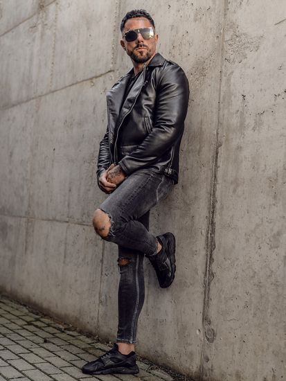 Μαύρο ramones ανδρικό δερμάτινο μπουφάν Bolf 11Z8014