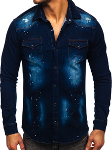 Ναυτικο μπλε Πουκαμισο ανδρικο τζιν με μακρια μανικια Bolf R703