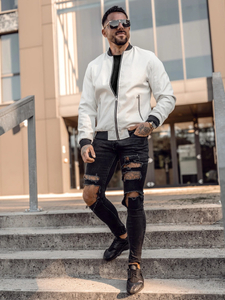 Λευκό ανδρικό δερμάτινο μπουφάν bomber Bolf 7110A2