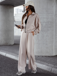 Γυναικεία αθλητική φόρμα 2 τεμαχίων με φερμουάρ και βουτυρένιο τελείωμα Μπεζ Bolf 821109