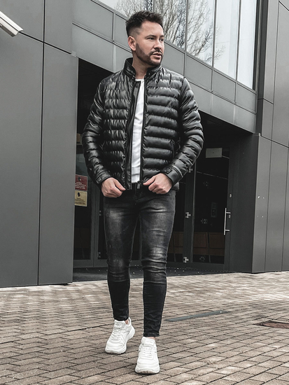 Μαύρο δερμάτινο ανδρικό μπουφάν καπιτονέ Bolf 0021-A