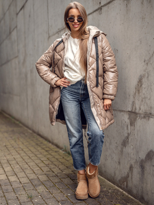 Κάμελ μακρύ καπιτονέ μπουφάν παλτό χειμωνιάτικο με κουκούλα για γυναίκες Bolf 5M3189