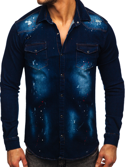 Ναυτικο μπλε Πουκαμισο ανδρικο τζιν με μακρια μανικια Bolf R703