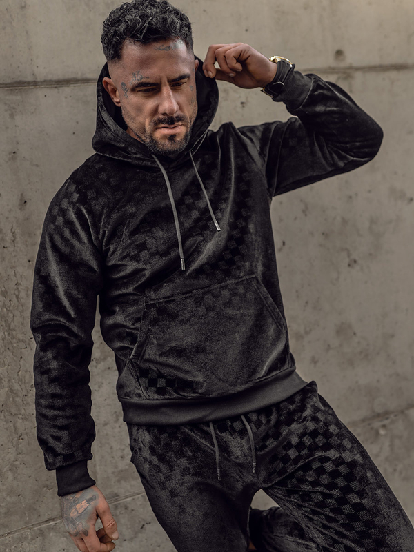 Μαύρο βελουτέ σετ φόρμας με την κουκούλα Bolf 3A82-A