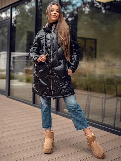 Μαύρο μακρύ καπιτονέ μπουφάν παλτό χειμωνιάτικο με κουκούλα για γυναίκες Bolf 5M3189