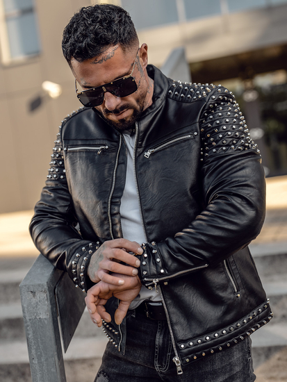 Μαύρο δερμάτινο μπουφάν ανδρικό με διακοσμητικά καρφιά Bolf 11Z8007