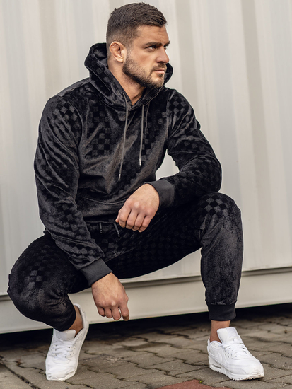 Μαύρο βελουτέ ανδρικό σετ φόρμας με κουκούλα Bolf 3A82