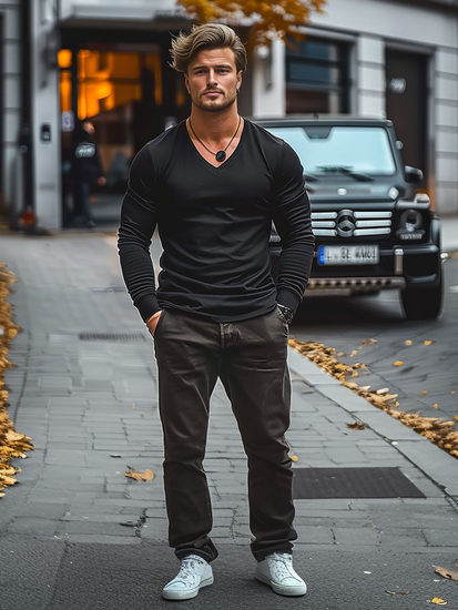 Μαύρο ανδρικό μακρυμάνικο V χωρίς στάμπα Bolf 172008A2