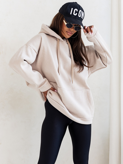 Γυναικείο ζεστό φούτερ με κουκούλα τύπου καγκουρό Μπεζ Bolf 82131