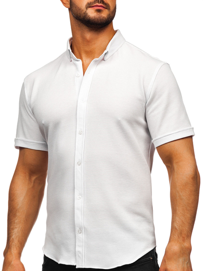 Λευκό ανδρικό πουκάμισο από μουσελίνα με κοντό μανίκι Bolf 2013