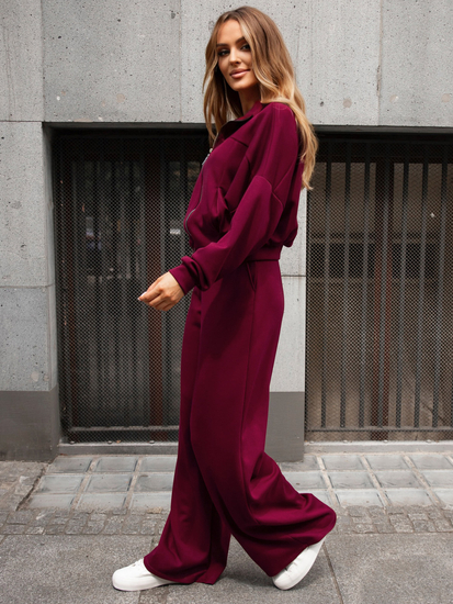 Γυναικεία αθλητική φόρμα 2 τεμαχίων με φερμουάρ και βουτυρένιο τελείωμα Κόκκινο κρασί Bolf 821109