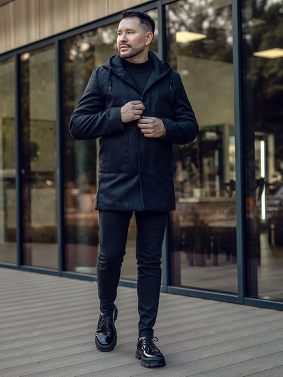 Μαύρο ανδρικό παλτό χειμερινό με κουκούλα Bolf 79B3A-197