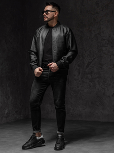 Μαύρο ανδρικό δερμάτινο μπουφάν bomber Bolf 3A66A1