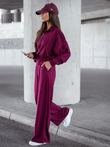 Γυναικεία αθλητική φόρμα 2 τεμαχίων με φερμουάρ και βουτυρένιο τελείωμα Κόκκινο κρασί Bolf 821109