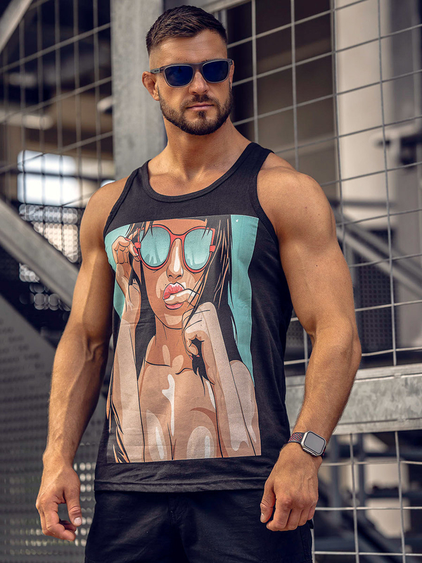 Μαύρη ανδρική αμάνικη μπλούζα tank top με στάμπα Bolf 143027A