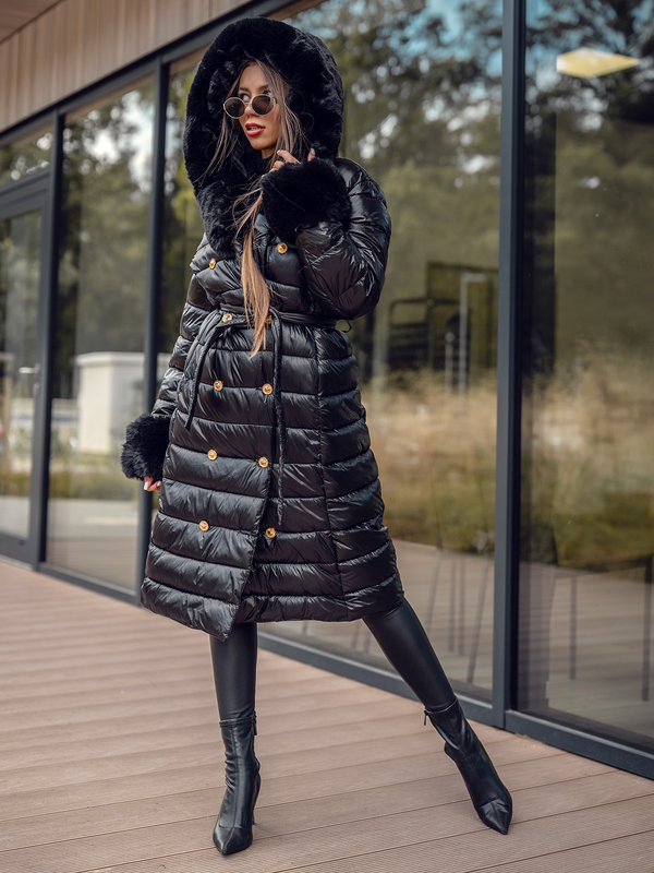 Μαύρο μακρύ γυναικείο καπιτονέ παλτό μπουφάν χειμωνιάτικο με κουκούλα Bolf 5M3160