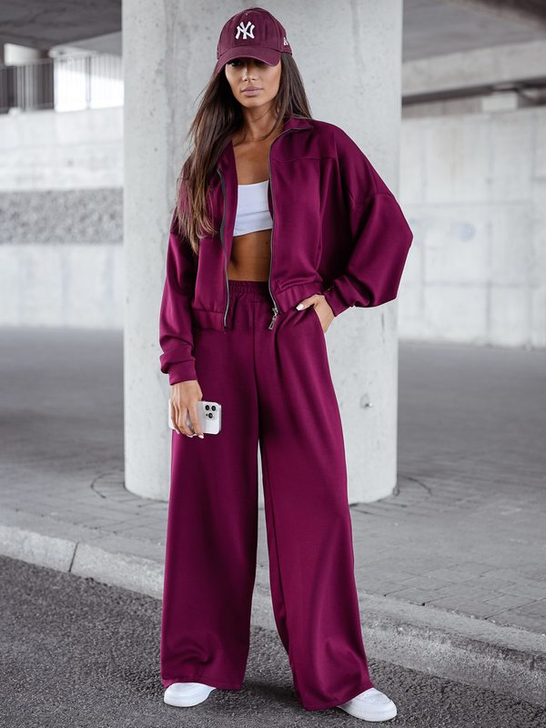 Γυναικεία αθλητική φόρμα 2 τεμαχίων με φερμουάρ και βουτυρένιο τελείωμα Κόκκινο κρασί Bolf 821109