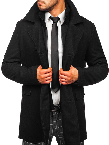 Μαυρο με διπλη σειρα κουμπιων παλτο ανδρικο χειμωνιατικο με αποσπωμενος ορθιος γιακας Bolf 8805