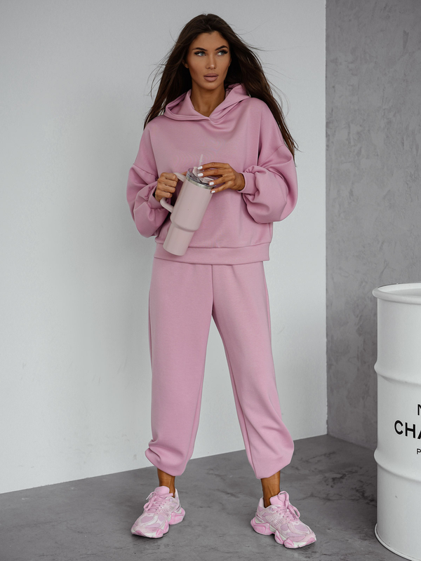 Γυναικεία αθλητική φόρμα 2 τεμαχίων με κουκούλα από βούτυρο Ροζ σε σκόνη Bolf 525