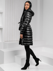 Μαύρο γυναικείο μακρύ καπιτονέ χειμερινό παλτό με κουκούλα Bolf 5M3159A1