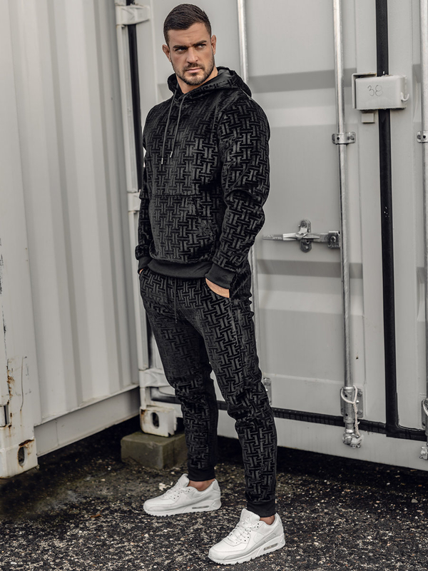 Μαύρο βελουτέ σετ φόρμας με την κουκούλα Bolf 3A81-A