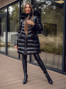 Μαύρο μακρύ καπιτονέ μπουφάν παλτό χειμωνιάτικο με κουκούλα για γυναίκες Bolf 5M3162