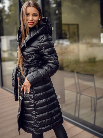 Μαύρο γυναικείο μακρύ καπιτονέ χειμερινό παλτό με κουκούλα Bolf 5M3159