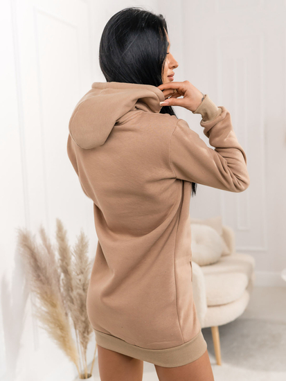 Μπεζ μακρύ γυναικείο φούτερ με κουκούλα Bolf YS10003A2