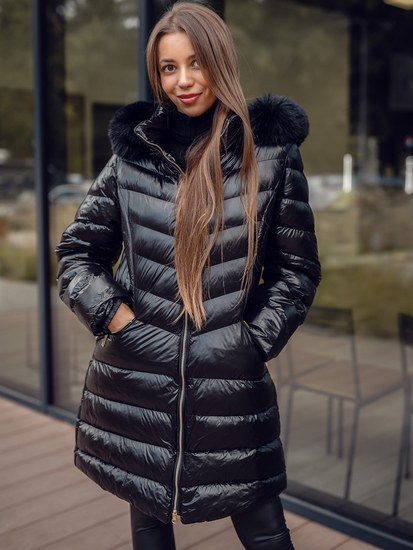 Μαύρο μακρύ καπιτονέ μπουφάν παλτό χειμωνιάτικο με κουκούλα για γυναίκες Bolf 5M3162