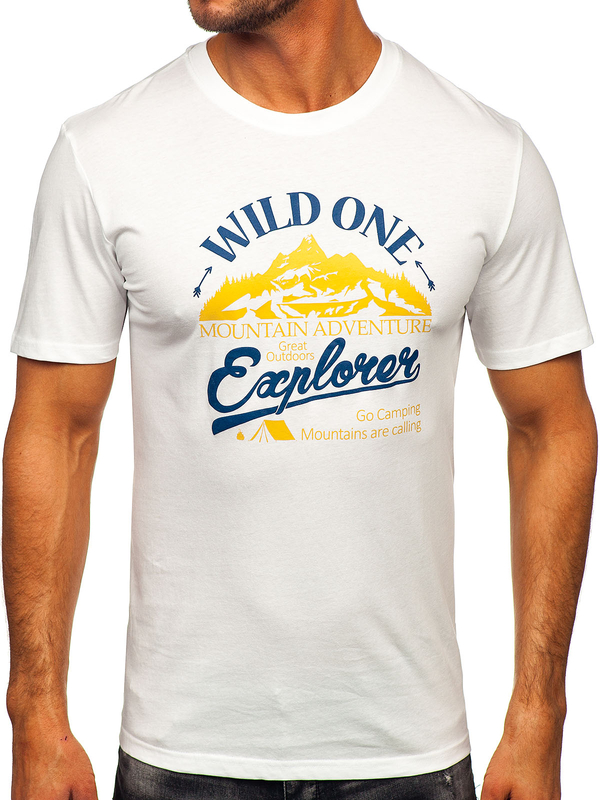 Λευκό βαμβακερό ανδρικό t-shirt με στάμπα Bolf MPO3484