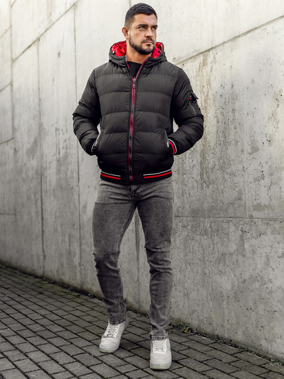 Μαύρη-κόκκινη διπλής όψης καπιτονέ ανδρική χειμερινή μπουφάν Bolf 7410