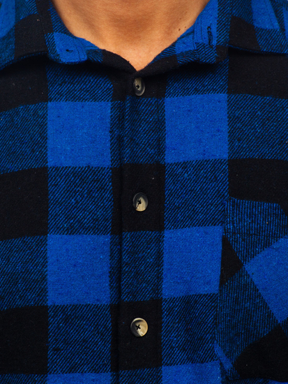 Σκούρο μπλε ανδρικό φανελένιο πουκάμισο καρό με μακριά μανίκια Bolf 2025-1