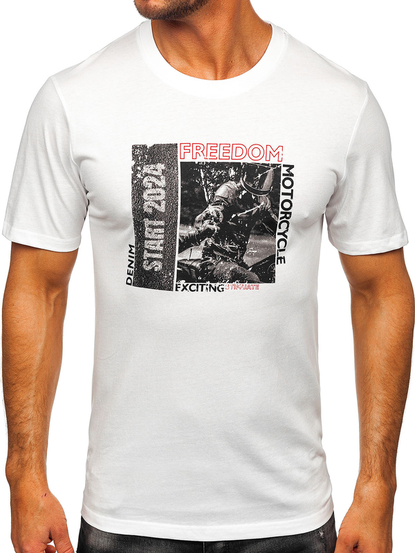 Λευκό βαμβακερό ανδρικό t-shirt με στάμπα Bolf MPO3475