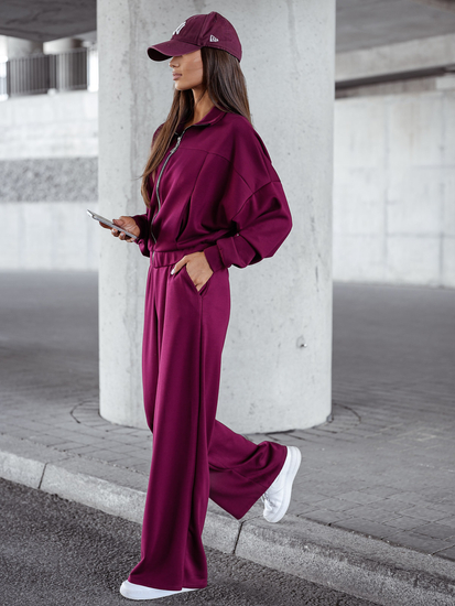 Γυναικεία αθλητική φόρμα 2 τεμαχίων με φερμουάρ και βουτυρένιο τελείωμα Κόκκινο κρασί Bolf 821109