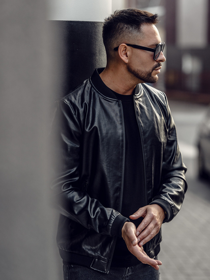 Μαύρη δερμάτινη μπόμπερ ανδρική μπουφάν Bolf 6803B