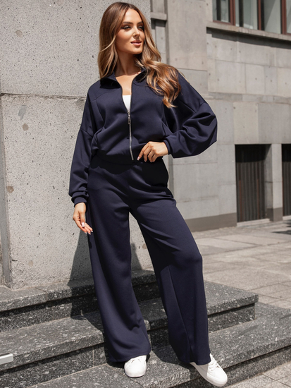 Γυναικεία αθλητική φόρμα 2 τεμαχίων με φερμουάρ και βουτυρένιο τελείωμα Ναυτικό μπλε Bolf 821109