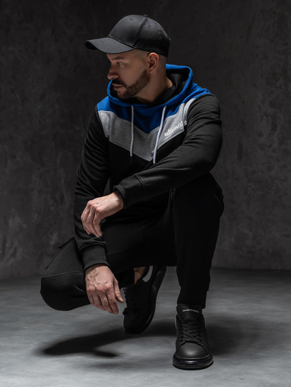 Μπλε αραβοσίτου φούτερ ανδρικό με στάμπα και κουκούλα Bolf W3878A1