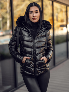 Μαύρο γυναικείο καπιτονέ χειμωνιάτικο μπουφάν με κουκούλα Bolf 5M3138A