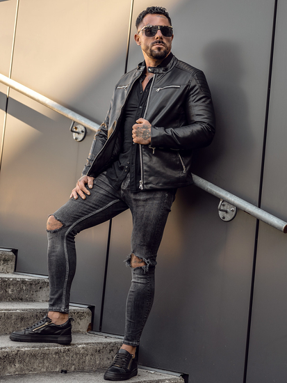 Μαύρο ανδρικό δερμάτινο μπουφάν biker Bolf 11Z8001
