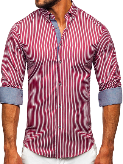 Μπορντό ανδρικό πουκάμισο ριγέ με μακριά μανίκια Bolf 22730