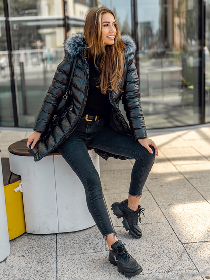 Μαύρο μακρύ καπιτονέ γυναικείο παλτό χειμερινό με κουκούλα Bolf 7076