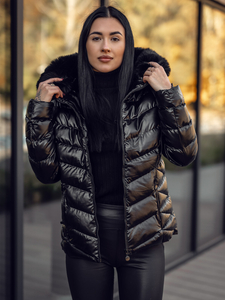 Μαύρο γυναικείο καπιτονέ χειμωνιάτικο μπουφάν με κουκούλα Bolf 5M3138A