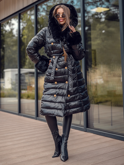 Μαύρο μακρύ γυναικείο καπιτονέ παλτό μπουφάν χειμωνιάτικο με κουκούλα Bolf 5M3160
