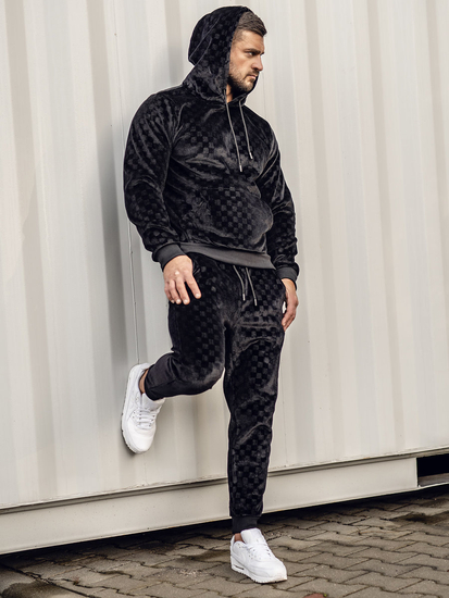 Μαύρο βελουτέ ανδρικό σετ φόρμας με κουκούλα Bolf 3A82